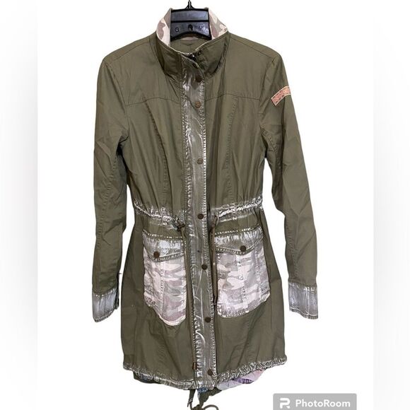 Anthropologie Army Green Chore Barn Jacket Funnel Neck Oversized Size X-Small - Picture 2 of 15